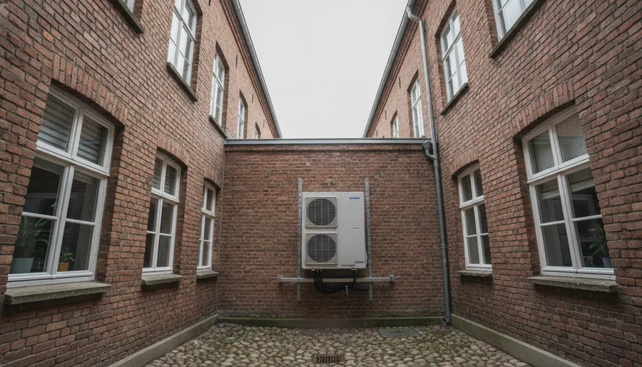 Pompe à chaleur installée dans la cour intérieure d'une maison de brique du centre d'Arras