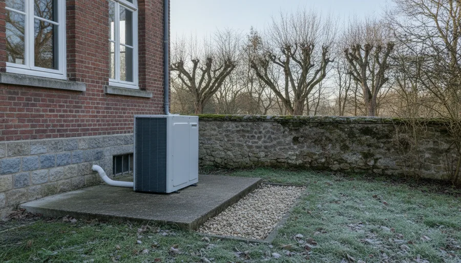 Pompe à chaleur air/eau installée derrière une maison de brique à soubassement de pierre bleue à Cambrai