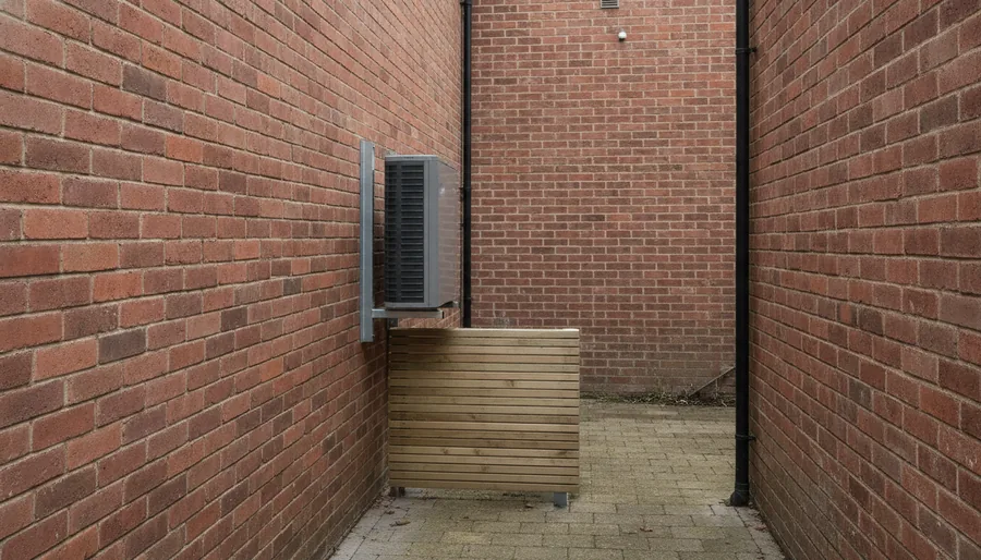 Pompe à chaleur air/eau installée à l'arrière d'une maison de brique à Lezennes