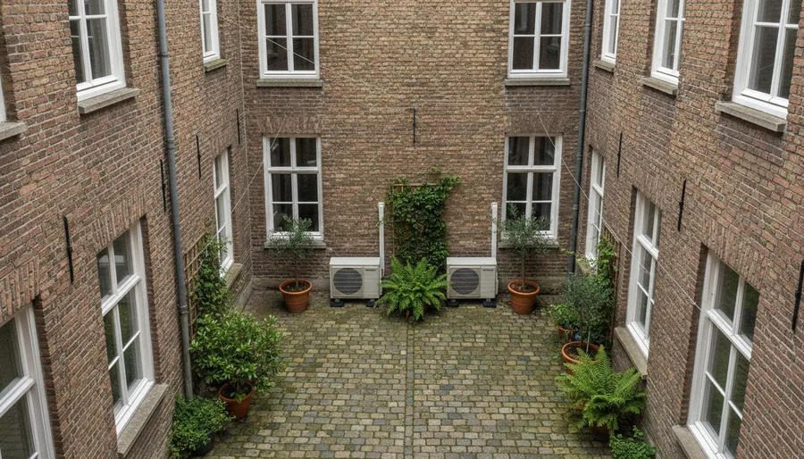 Unités extérieures de climatisation réversible dissimulées dans une cour du Vieux-Lille