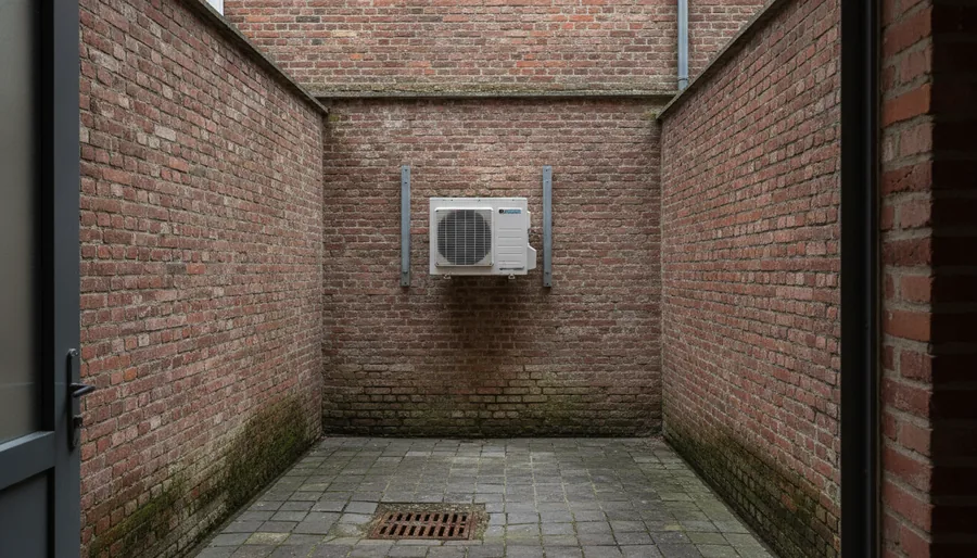 Unité extérieure compacte de pompe à chaleur posée sur consoles dans la cour étroite d'une maison roubaisienne